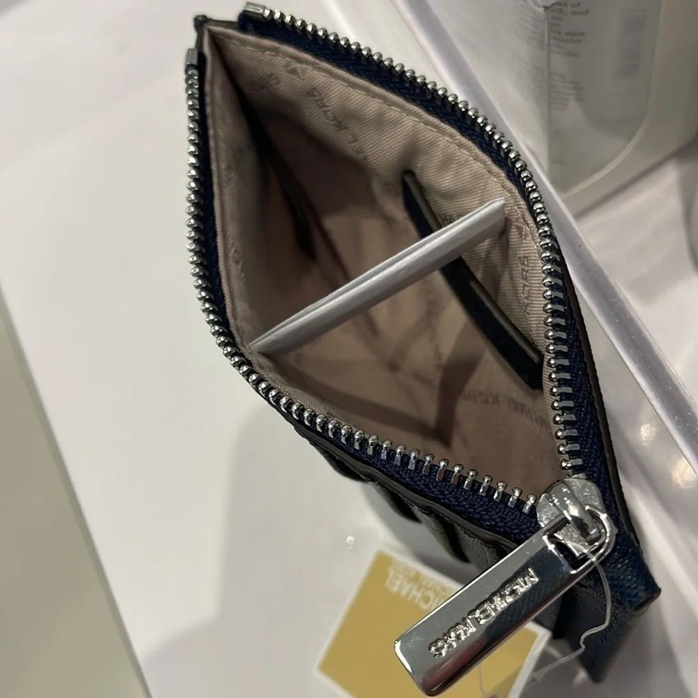 Michael Kors Jet Set Travel Medium Leather Card Case Navy Silver NWT